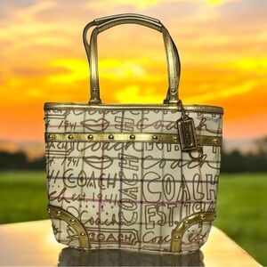 COACH‎ LIMITED EDITION Heritage Cream/Gold Graffiti Tattersall Tote F13188